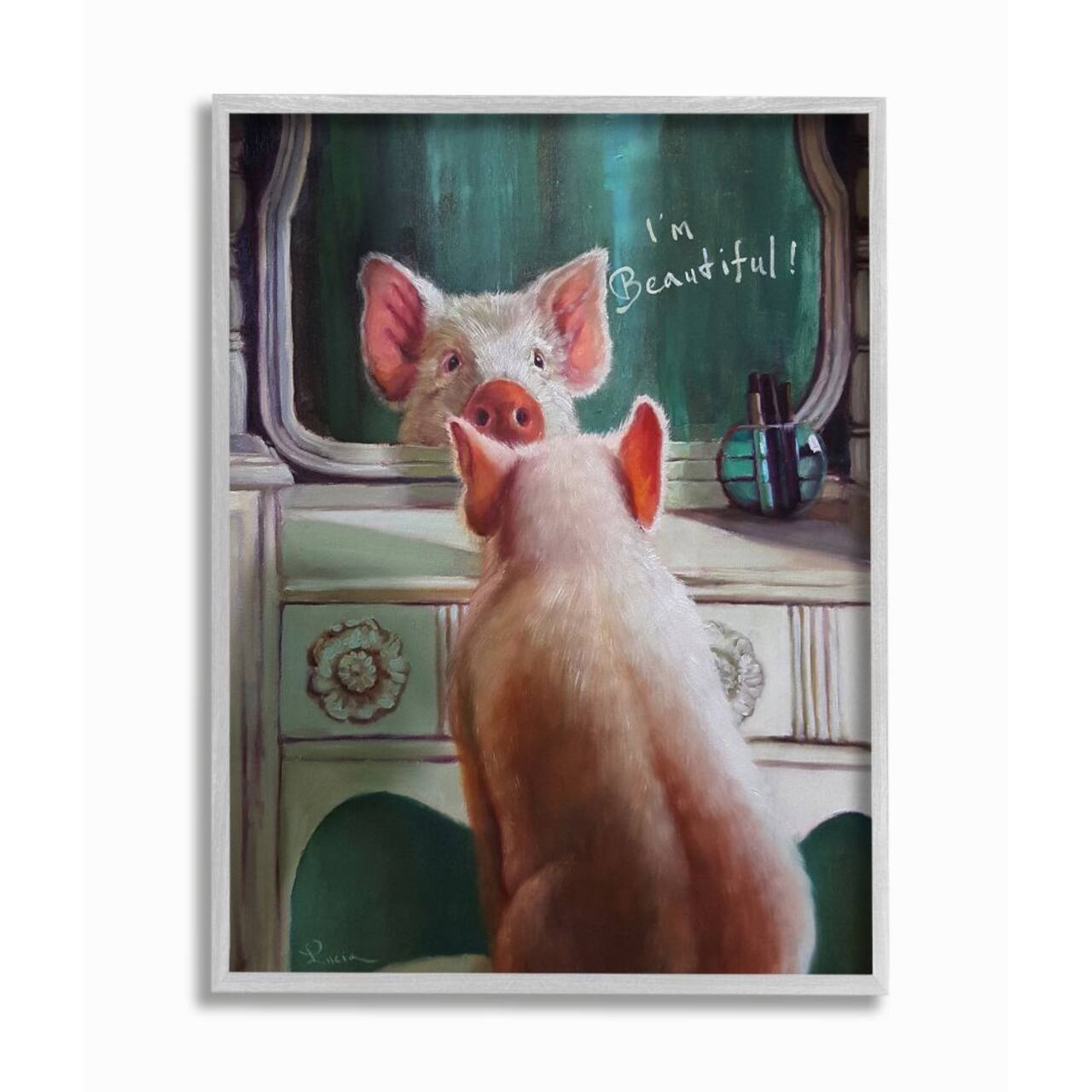 Stupell Industries I'm Beautiful Painted Pig in Mirror Gray Framed Wall Art